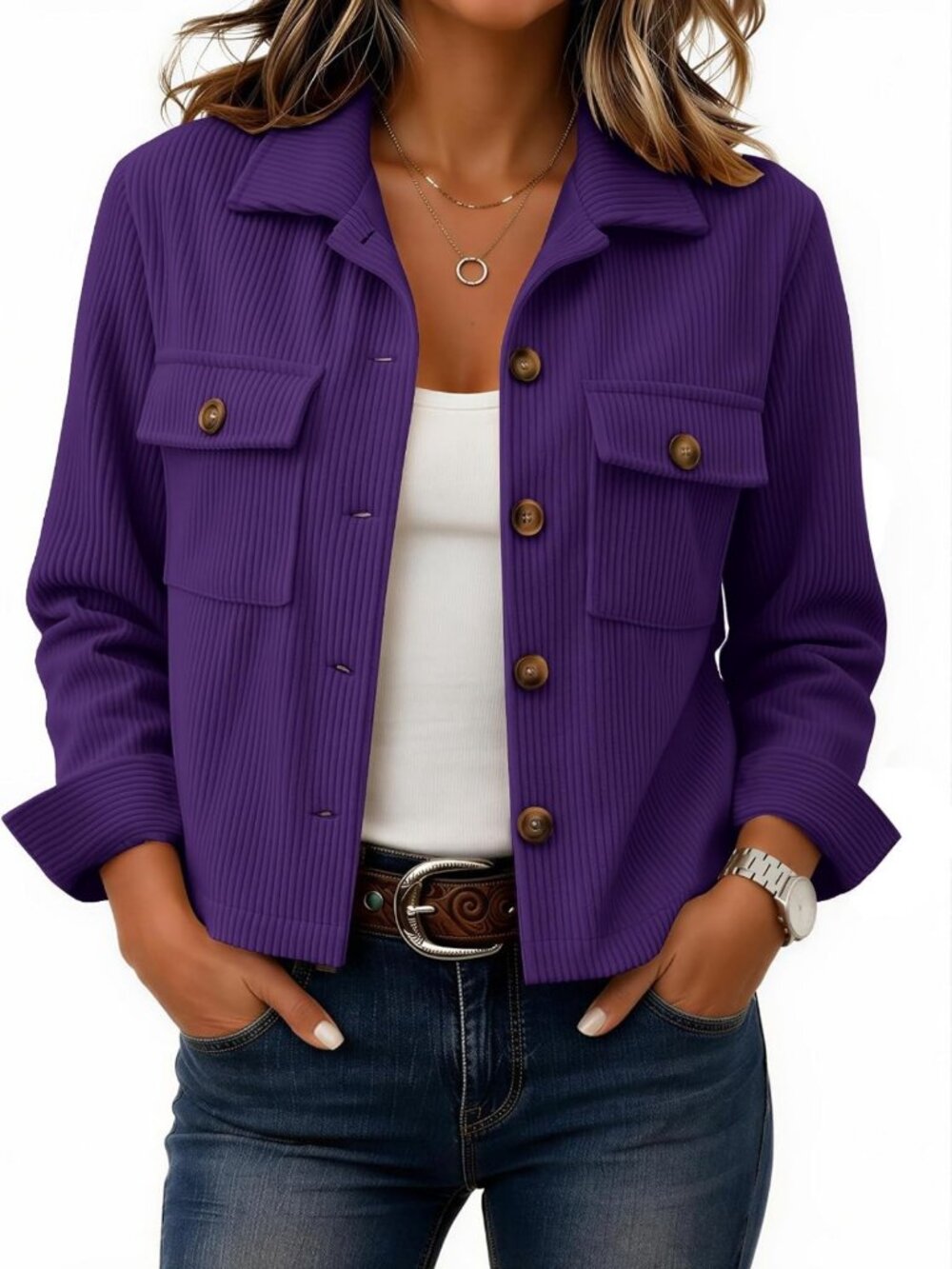 Chic Women's Cropped Corduroy Jacket, Button Down Long Sleeve Coat, Stylish